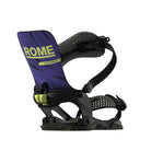 A single snowboard binding shown on a plain white background. The binding has a dark purple front pad with lime green 'ROME' and 'KATANA' text, a black frame and straps, and small yellow-green speckling on parts of the base and straps.