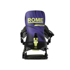 A snowboard binding shown from the back on a plain white background. The binding features a purple and black backplate with lime green text reading 'ROME' and 'KATANA', plus lime green accents on the front hardware.