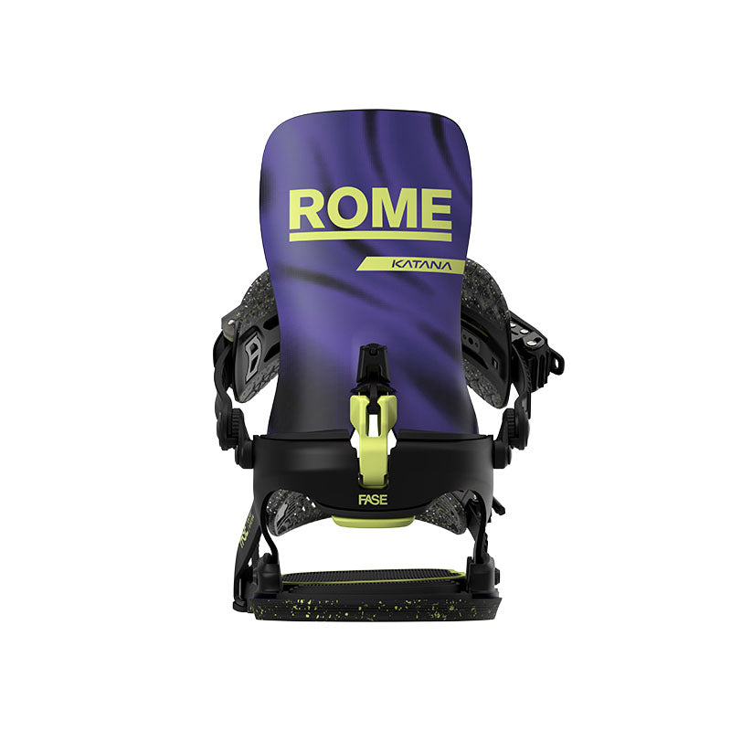 A snowboard binding shown from the back on a plain white background. The binding features a purple and black backplate with lime green text reading 'ROME' and 'KATANA', plus lime green accents on the front hardware.