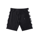 Black athletic shorts with white patterned side stripes and a back pocket, shown from the back on a white background.