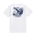 White short-sleeve t-shirt shown from the back, featuring a large navy blue graphic print of an eagle holding an anchor and a sailing ship, with the text 'Dark Seas' and 'Charted in Tradition'.