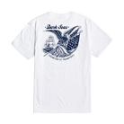 White short-sleeve t-shirt shown from the back, featuring a large navy blue graphic print of an eagle holding an anchor and a sailing ship, with the text 'Dark Seas' and 'Charted in Tradition'.