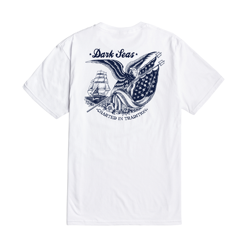 White short-sleeve t-shirt shown from the back, featuring a large navy blue graphic print of an eagle holding an anchor and a sailing ship, with the text 'Dark Seas' and 'Charted in Tradition'.