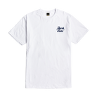 A white short-sleeve crewneck t-shirt with a small navy blue 'Dark Seas' logo printed on the left chest, displayed flat against a white background.