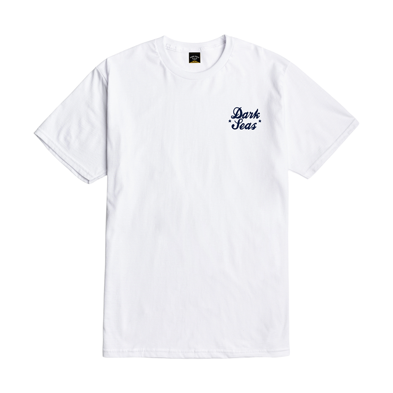 A white short-sleeve crewneck t-shirt with a small navy blue 'Dark Seas' logo printed on the left chest, displayed flat against a white background.