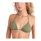 A woman wearing an olive green triangle bikini top against a light beige studio background.