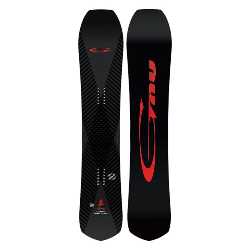 A black snowboard shown from both the base and top views, featuring a bold red Guin logo and subtle gray textured patterns on a plain white background.