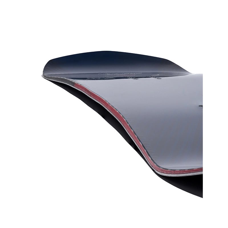 Close-up of a curved automotive spoiler or wing section with a glossy dark top surface, light gray underside, and a thin red edge accent, shown on a plain white background.