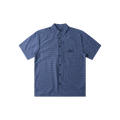 A short-sleeve button-up shirt in a blue and white micro-check pattern, featuring a chest pocket with a black embroidered logo on the left chest, displayed flat against a white background.
