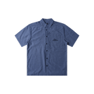 A short-sleeve button-up shirt in a blue and white micro-check pattern, featuring a chest pocket with a black embroidered logo on the left chest, displayed flat against a white background.