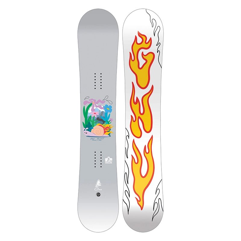 A snowboard shown from both sides against a plain white background. The left side is metallic silver with a colorful floral graphic and small logo near the bottom.