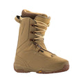 A tan snowboard boot with beige laces, brown accents, and a textured sole, shown from a three-quarters angle on a white background.