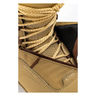 Close-up of a tan lace-up boot showing the tongue, laces, zipper, and textured leather panels with debossed 'ORIGINAL BOX' and 'NITRO' branding.