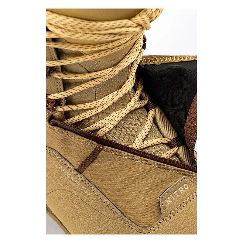 Close-up of a tan lace-up boot showing the tongue, laces, zipper, and textured leather panels with debossed 'ORIGINAL BOX' and 'NITRO' branding.