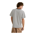 A man wearing a short-sleeve striped t-shirt with thin black horizontal stripes on a white base, shown from the back against a neutral beige background.