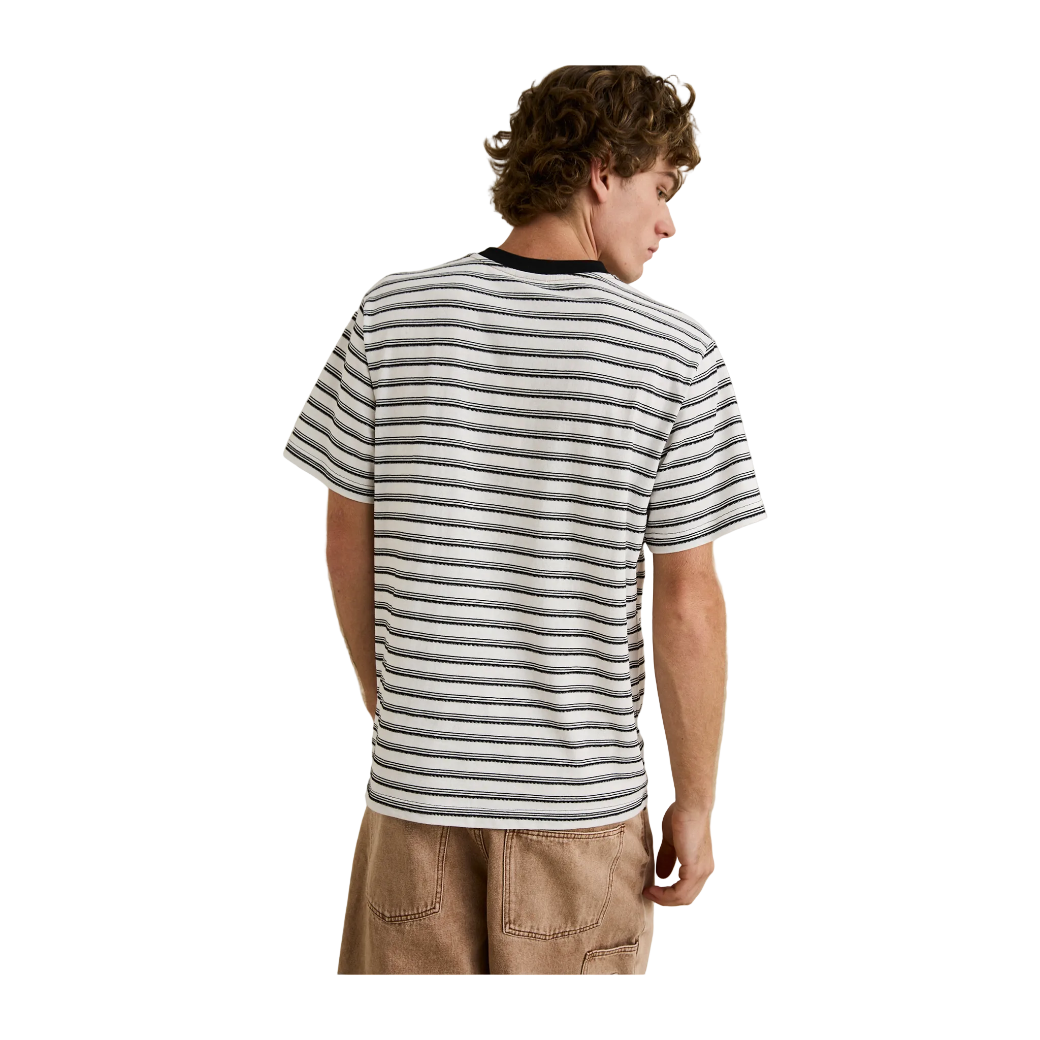A man wearing a short-sleeve striped t-shirt with thin black horizontal stripes on a white base, shown from the back against a neutral beige background.