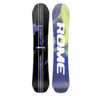 A snowboard shown from both sides against a plain white background. The left side shows a black base with blue and yellow graphic stripes and the 'Viper' model name, while the right side shows a blue base with a yellow-green gradient and the large 'ROME' brand name in white.