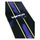 A close-up of a snowboard featuring a black textured background with two vertical purple stripes, gold center lines, and a large 'VIPER' logo in white and blue.