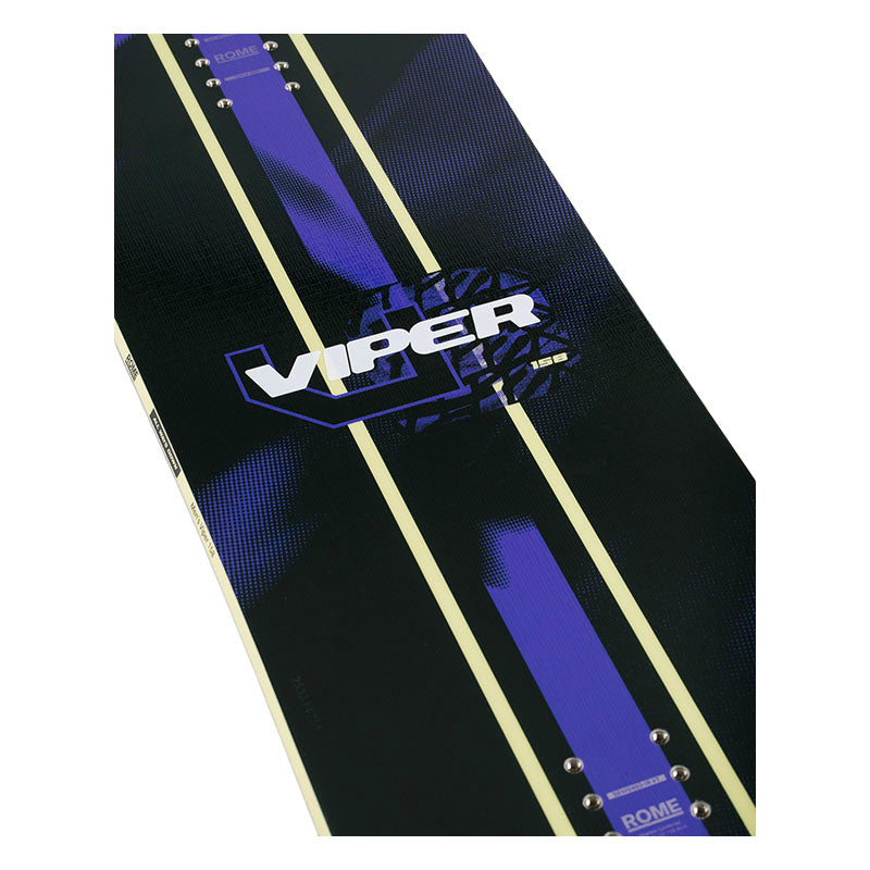 A close-up of a snowboard featuring a black textured background with two vertical purple stripes, gold center lines, and a large 'VIPER' logo in white and blue.