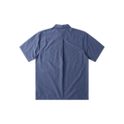 A short-sleeve button-up shirt in a textured blue and white micro-check pattern, shown from the back on a solid white background.
