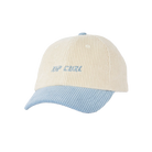 A two-tone corduroy baseball cap with an off-white crown and a light blue brim, featuring 'ZIP CURL' embroidered in light blue on the front.