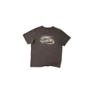 A dark brown short-sleeve t-shirt with a vintage-style scenic graphic print on the chest, displayed flat against a light beige background.