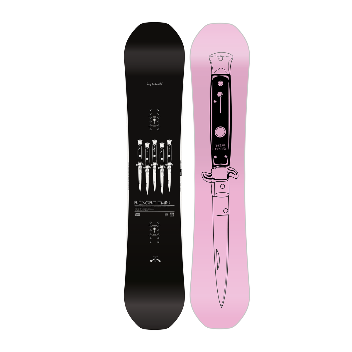 Black and pink snowboard with unique design on a white background