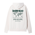 A light cream-colored hoodie shown from the back, featuring a dark green graphic print with the text 'DARK SEAT', a world map, and 'NAUTICAL SUPPLY COMPANY'.