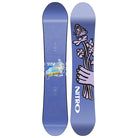 A snowboard shown from both sides against a plain white background. The top side is a medium blue with a graphic of a hand holding flowers and a butterfly, while the bottom side is a purple-blue gradient with the brand name 'NITRO' in white.