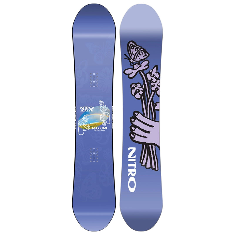 A snowboard shown from both sides against a plain white background. The top side is a medium blue with a graphic of a hand holding flowers and a butterfly, while the bottom side is a purple-blue gradient with the brand name 'NITRO' in white.