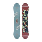 Two snowboard decks shown vertically side by side on a light gray background. The left board is light blue with white wave graphics and red/orange logo details.
