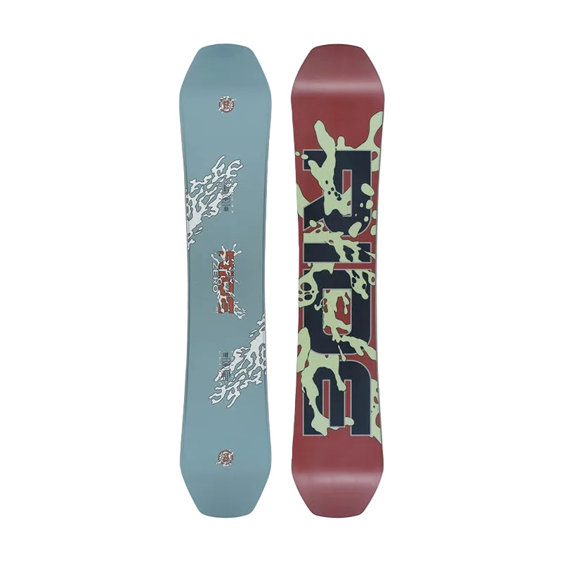 Two snowboard decks shown vertically side by side on a light gray background. The left board is light blue with white wave graphics and red/orange logo details.