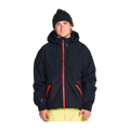 A man wearing a black hooded jacket with bright red zipper accents and a black knit beanie, standing against a plain white background.