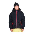 A man wearing a black hooded jacket with bright red zipper accents and a black knit beanie, standing against a plain white background.
