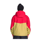 A person shown from the back wearing a colorblock hooded jacket with a bright red upper section and a tan lower section, paired with a black knit beanie against a plain white background.