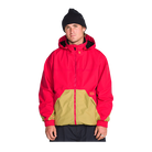 A man wearing a red and tan color-blocked hooded jacket, a black beanie, and dark pants, standing against a solid white background.